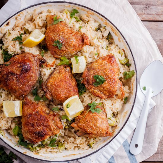 Chicken thighs on broccoli rice - Recipe photo by Simply Delicious