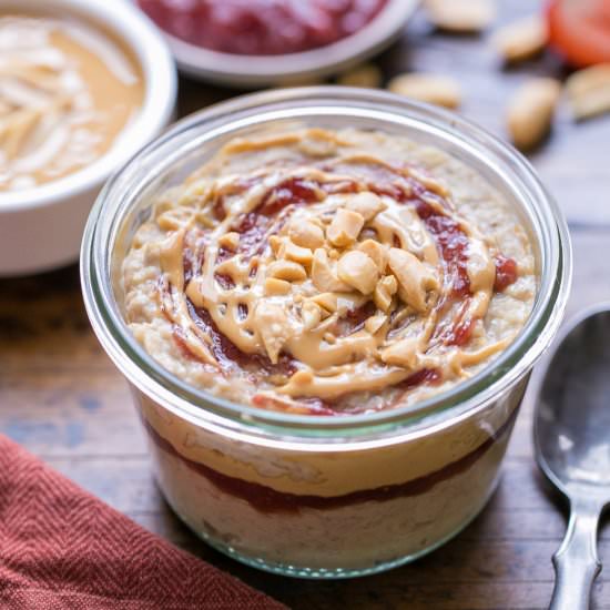 Peanut Butter & Jelly Oatmeal - Recipe photo by bakerita