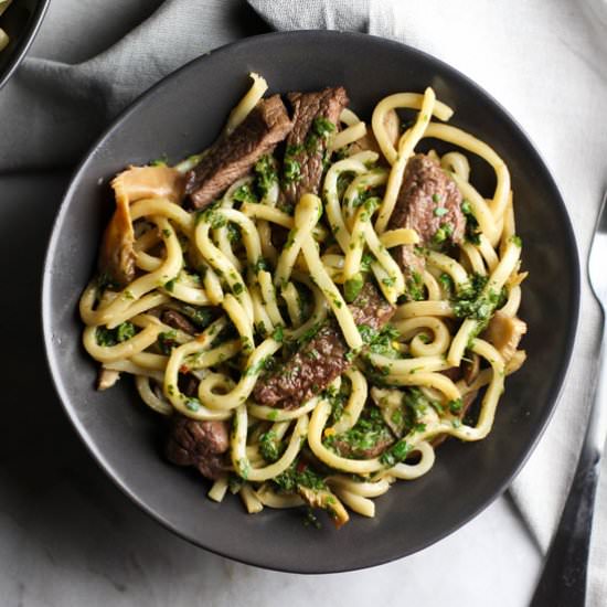 Steak & Udon Noodles w/ Chimchurri - Recipe photo by theculinarycompass