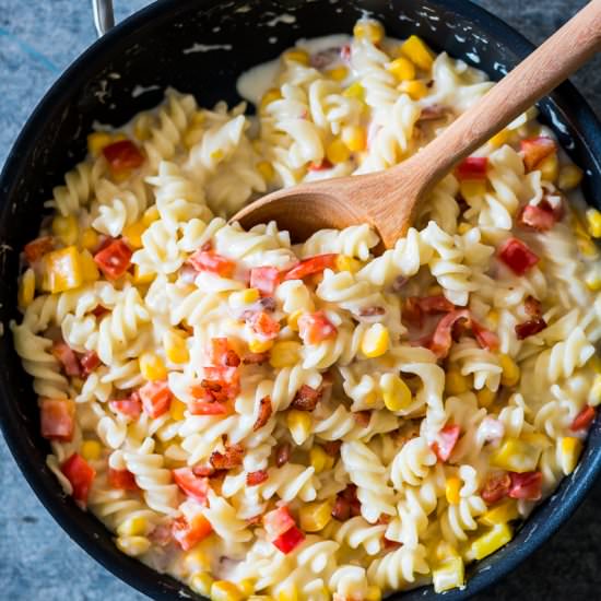 Lighter Corn Pepper Fusilli Alfredo - Recipe photo by myfoodstory