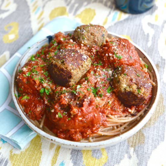 Spaghetti + Eggplant 'Meatballs' - Recipe photo by The Kitchen Flamingo