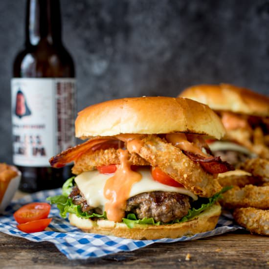 Bacon Cheeseburger with Baked Onion - Recipe photo by KitchenSanctuary