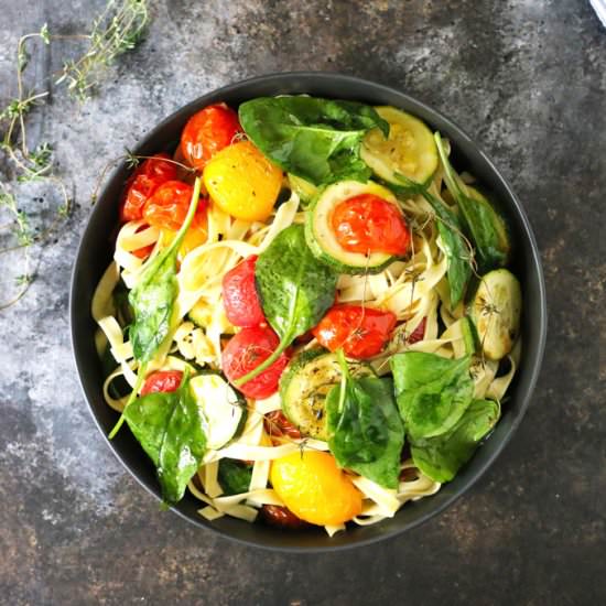Tomato Zucchini Spinach Fettucini - Recipe photo by honeyandbirch