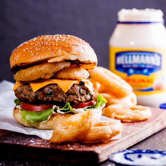Crispy onion ring cheeseburger - Recipe photo by Simply Delicious