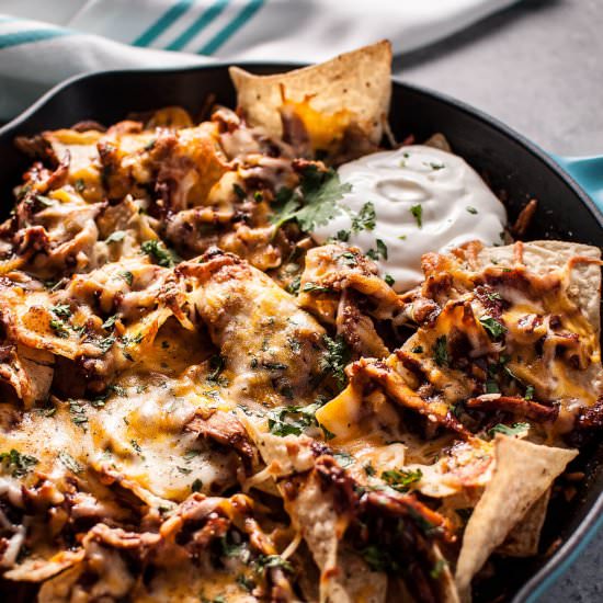 BBQ Chicken Skillet Nachos - Recipe photo by saltandlavender