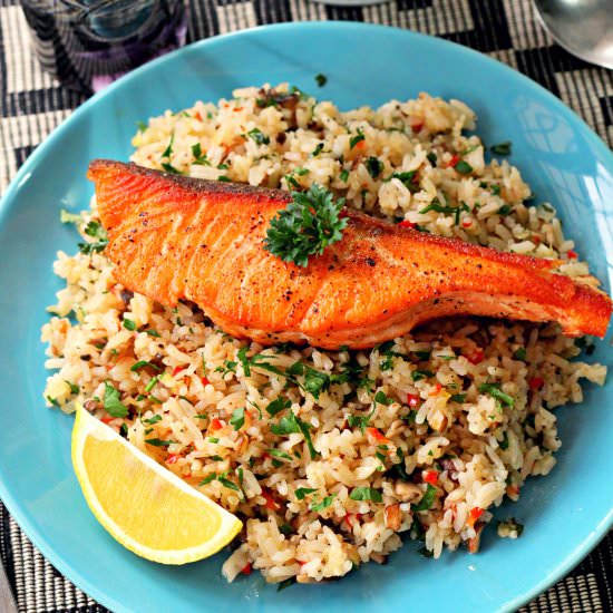 Butter Fried Rice and Salmon - Recipe photo by featsoffeasts