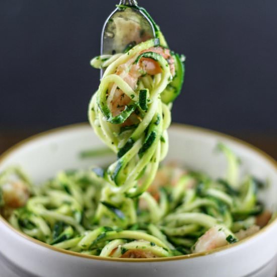 Nut-free Shrimp Pesto Zoodles - Recipe photo by WanderlustandWellness