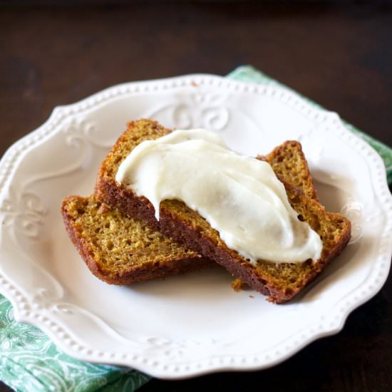 Pumpkin Bread w/ Sweet Cream Cheese - Recipe photo by Wineandawoodenspoon
