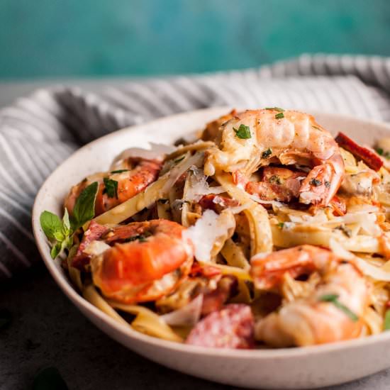 Chorizo and Shrimp Pasta - Recipe photo by saltandlavender