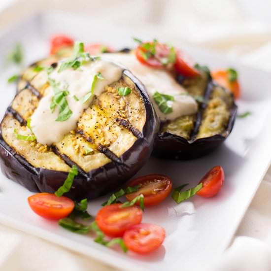 Grilled Eggplant With Tahini Yogurt - Recipe photo by asweetpeachef