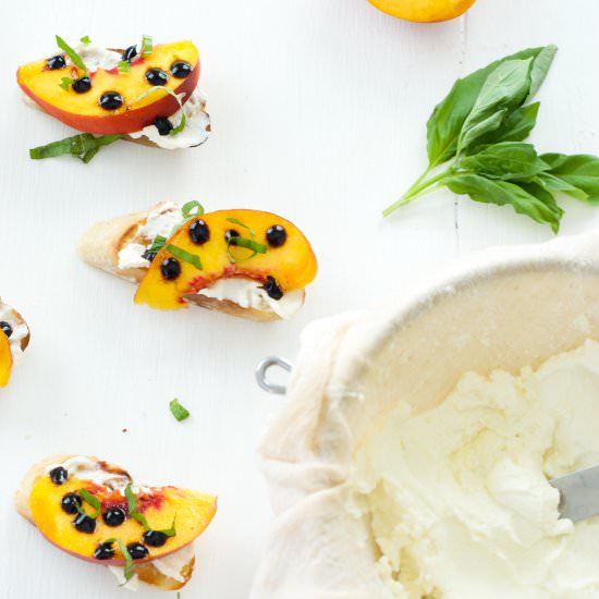 Peach, Basil, and Homemade Ricotta Crostini - Recipe photo by OhSoDelicioso