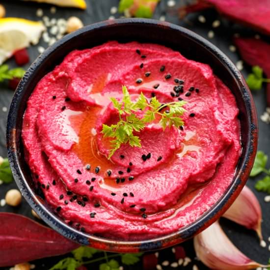 Creamy Roasted Beetroot Hummus - Recipe photo by VeganKitchn