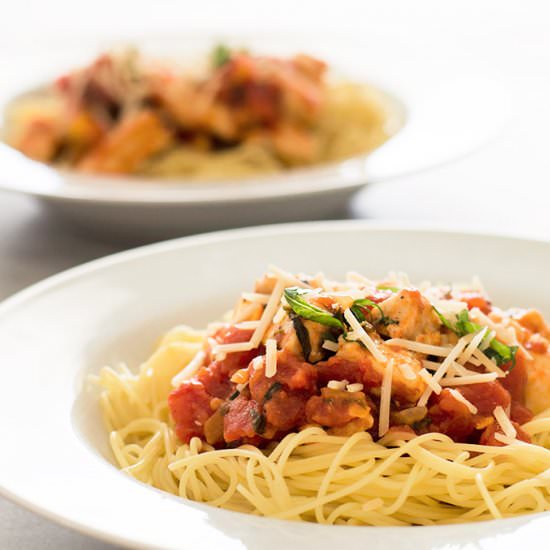 Quick Basil Chicken Pasta for Two - Recipe photo by BakingMischief