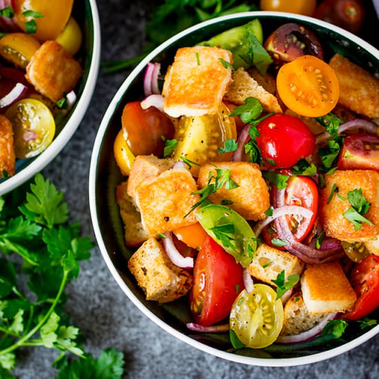 Panzanella Salad with Saganaki - Recipe photo by KitchenSanctuary