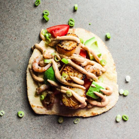 Shrimp and Scallop Soft Tacos - Recipe photo by Lisa G Cooks