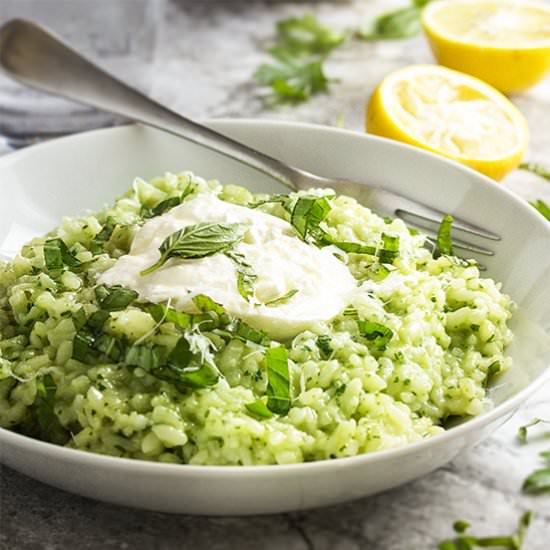 Lemon Basil Risotto with Burrata - Recipe photo by justalittlebitofbacon
