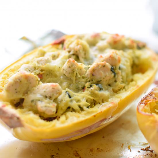 Pesto Chicken Spaghetti Squash - Recipe photo by projectmealplan