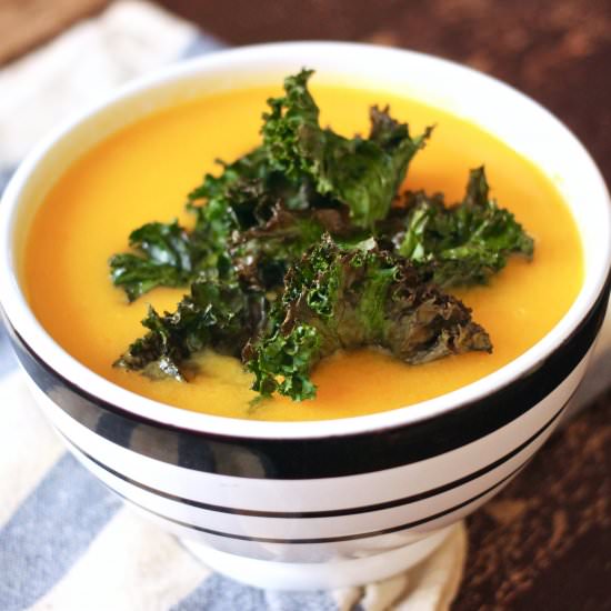 Butternut Squash Soup & Roast Kale - Recipe photo by seeksatiation