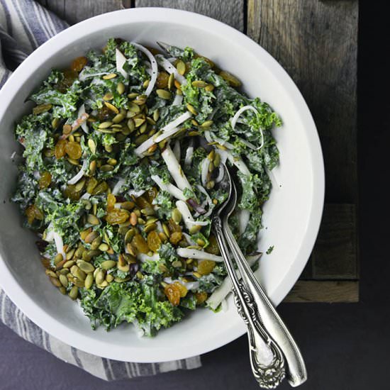 Creamy Poppy Seed Kale Slaw - Recipe photo by AnEdibleMosaic