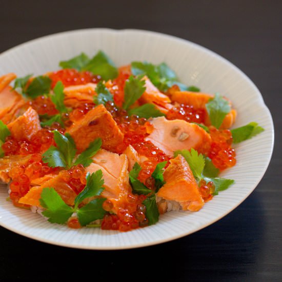 SALTED SALMON AND IKURA OVER RICE - Recipe photo by ricewitheverything