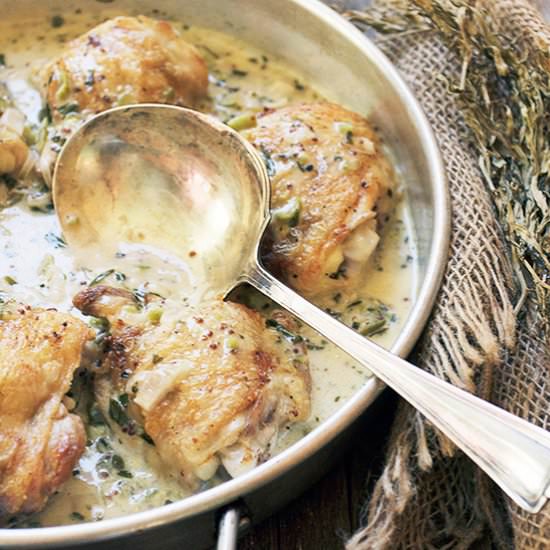 Cornichon Tarragon Chicken Thighs - Recipe photo by seasonsandsuppers