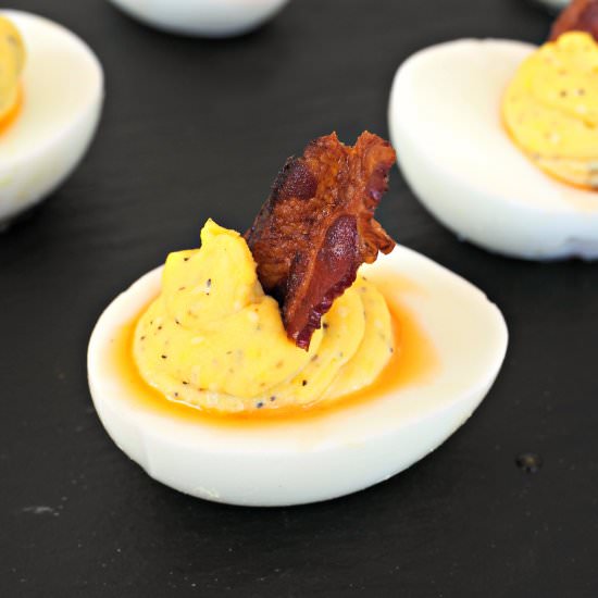 Pepper Jelly & Bacon Deviled Eggs - Recipe photo by Everyday Gourmet with Blakely