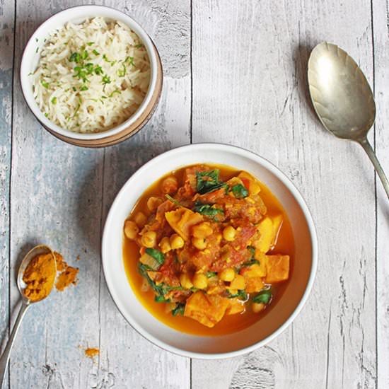 sweet pot, chickpea & spinach curry - Recipe photo by Properfoodie