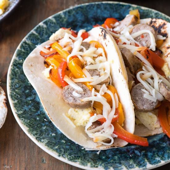 Sausage and Peppers Breakfast Tacos - Recipe photo by boulderlocavore
