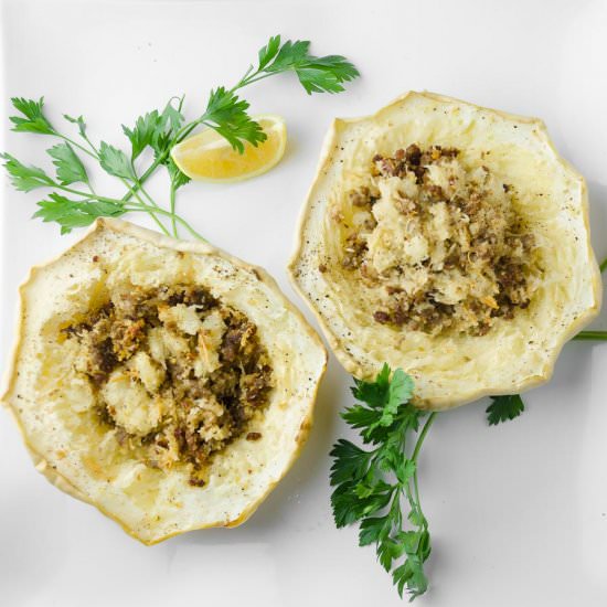 Sausage-Stuffed Pattypan Squash - Recipe photo by TwistedTastes