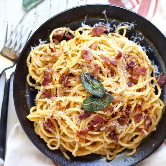 Pumpkin Ricotta Pasta Carbonara - Recipe photo by bessiebakes