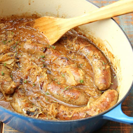 Ale-Braised Bratwursts & Sauerkraut - Recipe photo by HowToFeedaLoon