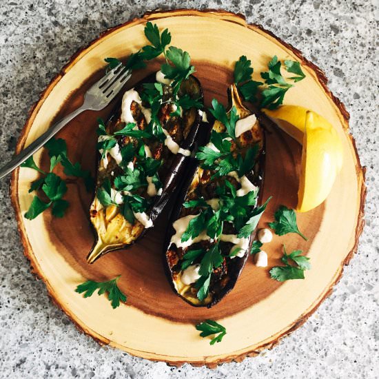 Cross-hatched broiled eggplant - Recipe photo by danielle renov