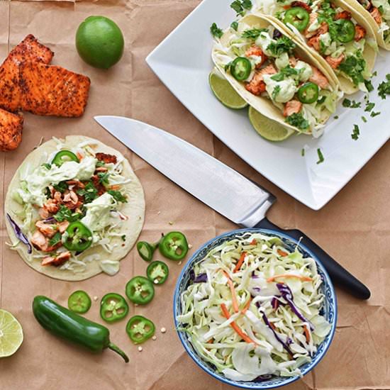 Salmon Taco with Avocado Crema - Recipe photo by pepperdelight