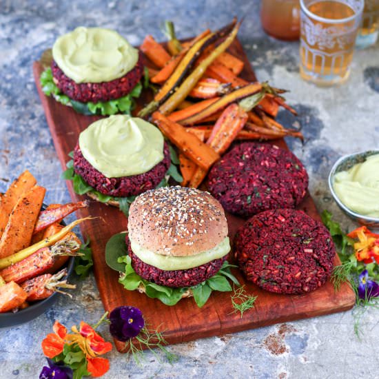 Freekeh Beet Burgers with Avonaise - Recipe photo by thesecretlifeofbee