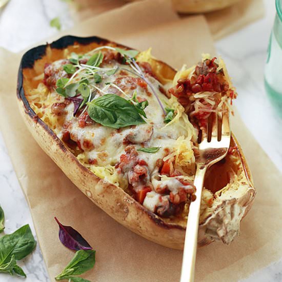 Lentil Bolognese Spaghetti Squash - Recipe photo by Yummy Mummy