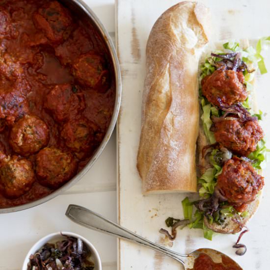 meatball sub with jalepeno & onion - Recipe photo by danielle renov