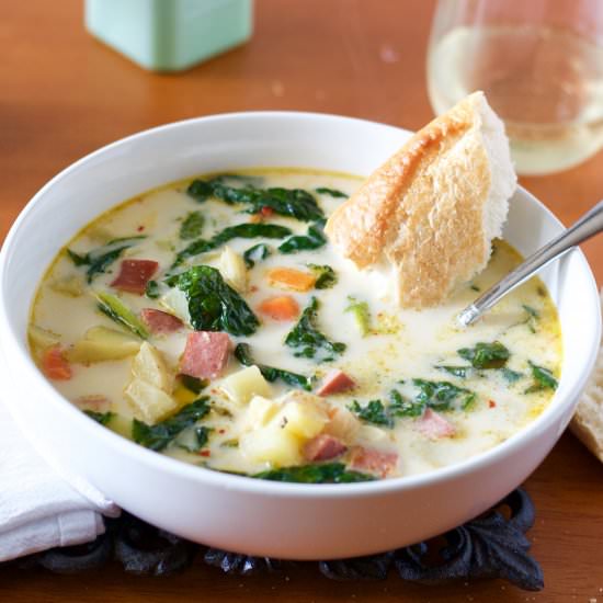 Creamy Kielbasa Kale Soup - Recipe photo by Wineandawoodenspoon