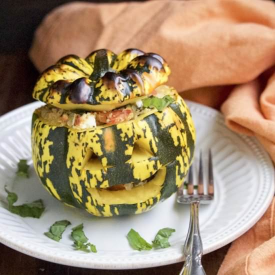 Jack-o-Lantern Stuffed Acorn Squash - Recipe photo by Stacey Homemaker