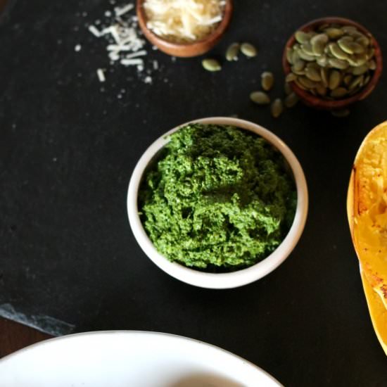 Pumpkin Seed and Kale Pesto - Recipe photo by treatswithatwist