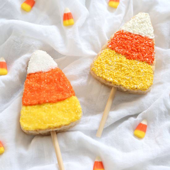 Candy Corn Rice Krispies Treat Pops - Recipe photo by BakersPartyShop