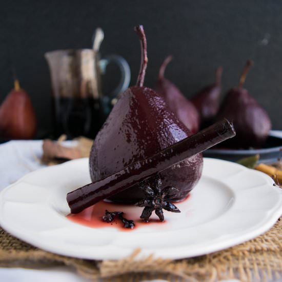 Pears poached in red wine & spices - Recipe photo by ohsweetcitrus