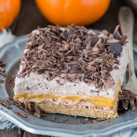 Chocolate Pumpkin Dessert Lasagna - Recipe photo by thefirstyearblog