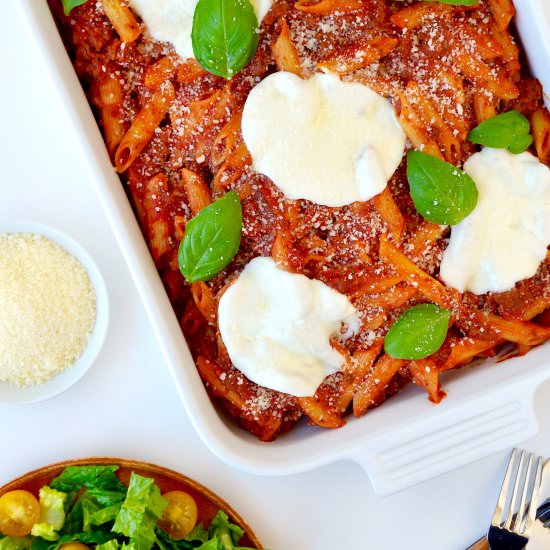 Cheesy Baked Penne Pasta + Sausage - Recipe photo by justataste