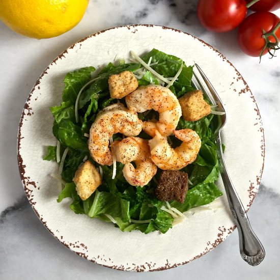 Caesar Salad with Roasted Shrimp - Recipe photo by Grits and Pinecones