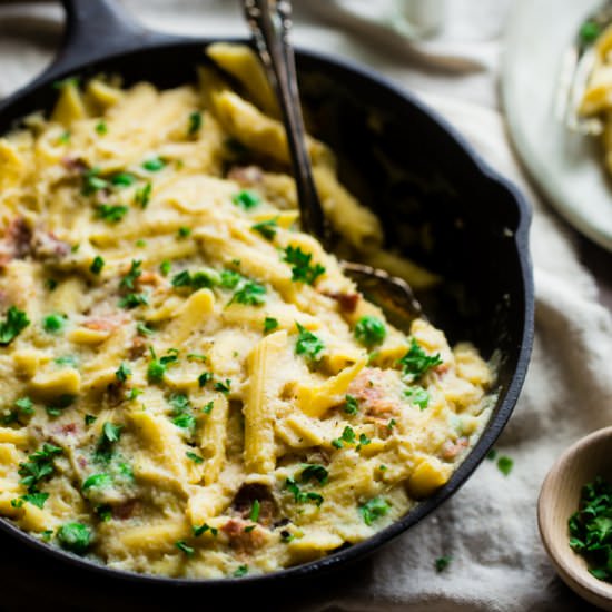 Cauliflower Alfredo Penne Carbonara - Recipe photo by foodfaithfitness