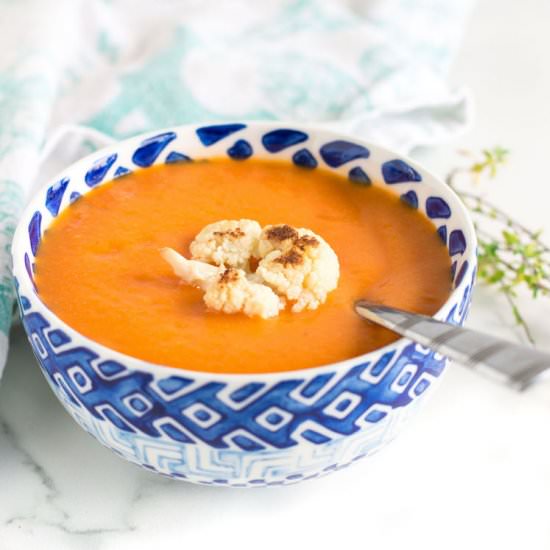 Roasted Red Pepper Cauliflower Soup - Recipe photo by nourishedtheblog