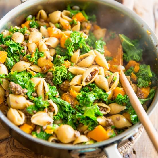 Kale Ground Beef Butternut Squash Pasta - Recipe photo by The Healthy Foodie