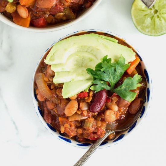 Easy Veggie and Bean Chili - Recipe photo by nourishedtheblog