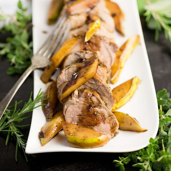 Rosemary Pork with Balsamic Pears - Recipe photo by Kiwi and Carrot