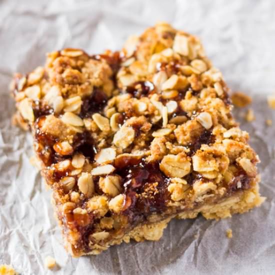 Oatmeal Blackberry Jam Bars - Recipe photo by ikneadtoeat